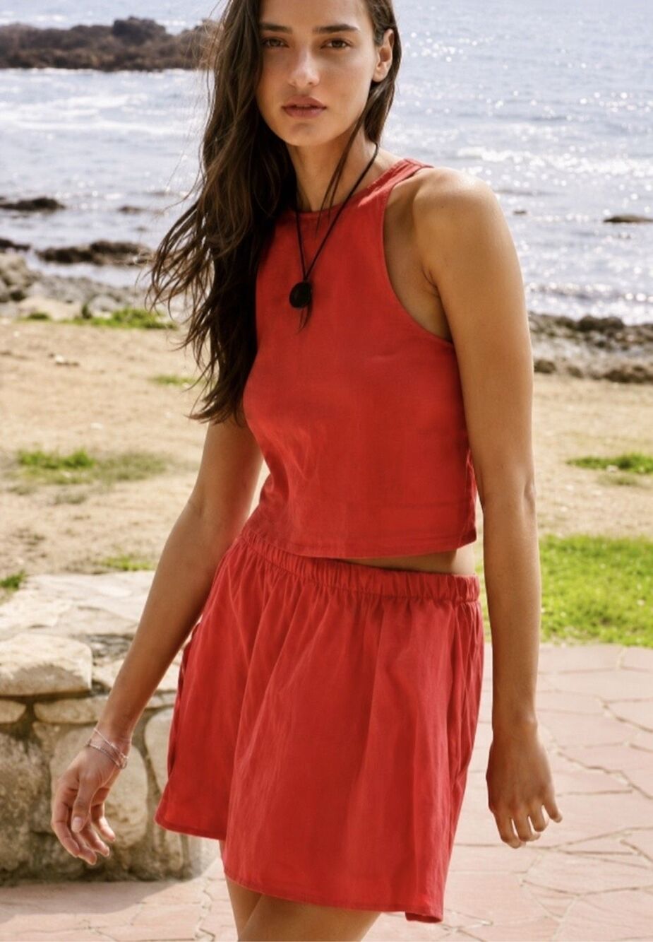 NWOT Free People Red Two-Piece Cropped Tank & Flowy Mini cotton Skirt Set, Lrg B